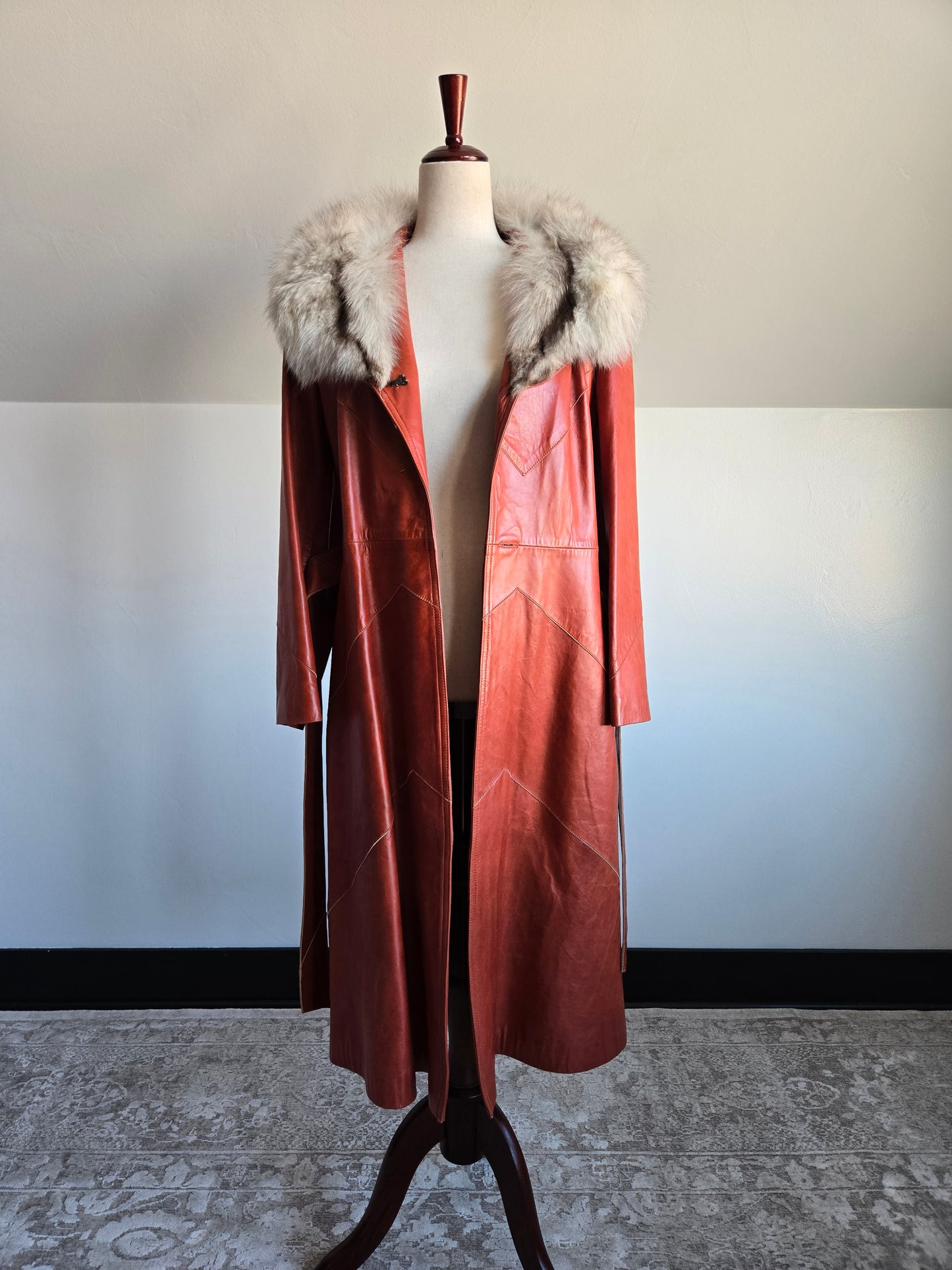 Napa Y Ante Skin Gear 1970s Patchwork Brown Leather Trench with Coyote Fur - Medium