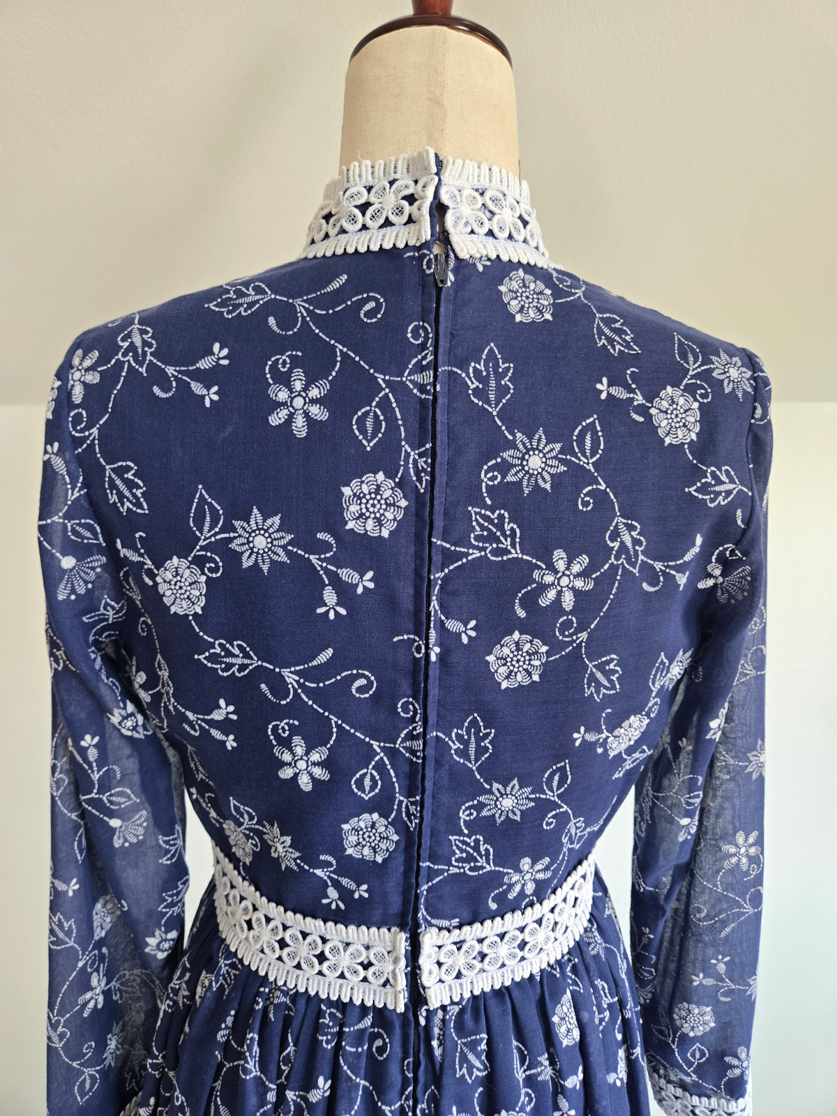 Vintage 70s Navy Blue Floral Embroirdered Maxi Dress - S/M