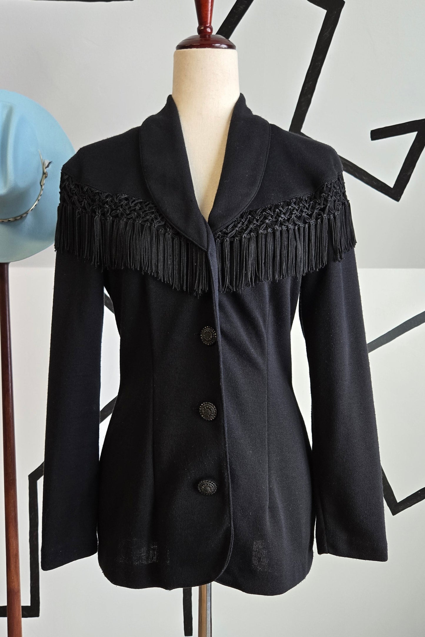 D'Knits Vintage Black Knit Blazer with Fringe Shoulders - small
