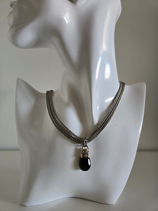 Premier Designs Silver Necklace with Black Glass Bead Drop