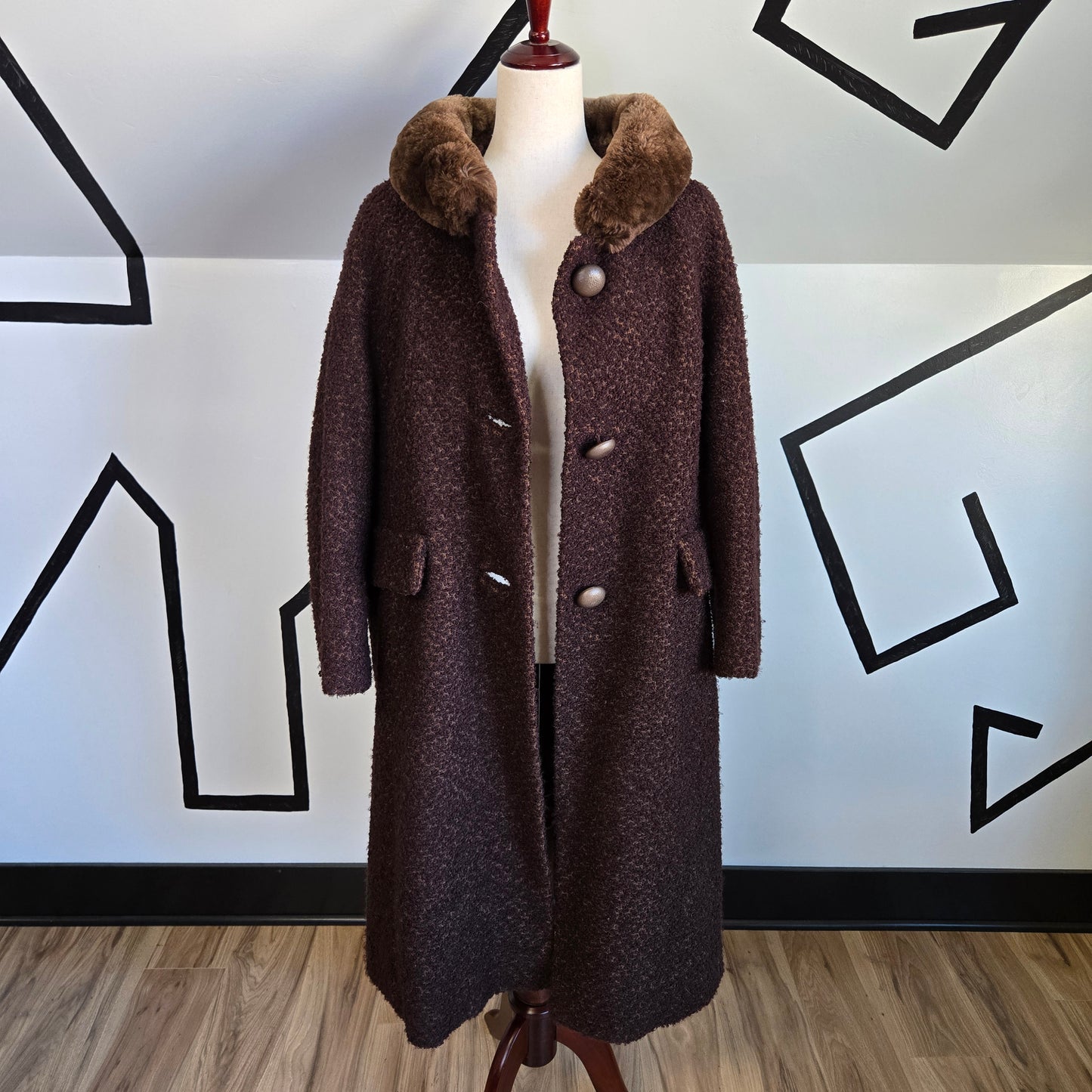 Vintage 1950s Union Made Curly Wool Peacoat with Brown Fur Collar - Large