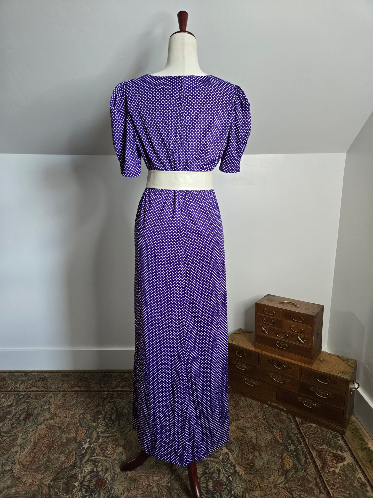 Vintage 60s Nylon Purple Polka Dot Sweetheart Dress - large