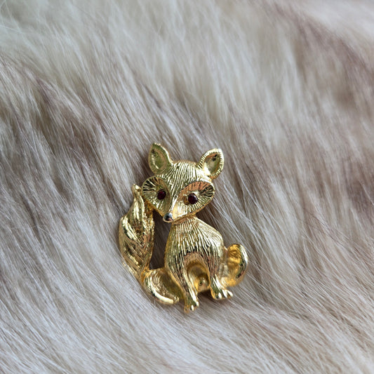 Fox Gold Tone Brooch with Red Rhinestone Eyes