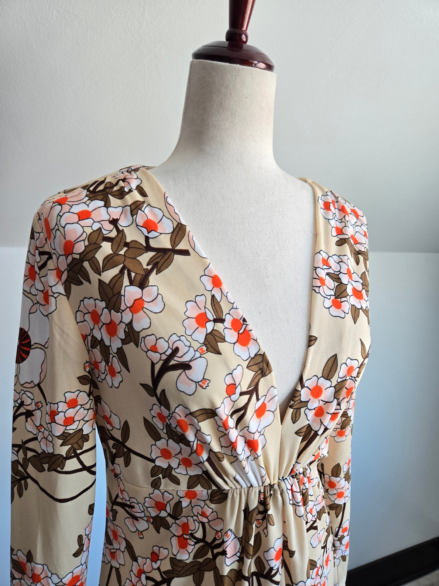 Vintage 70s Tan Floral Print Maxi Dress - medium