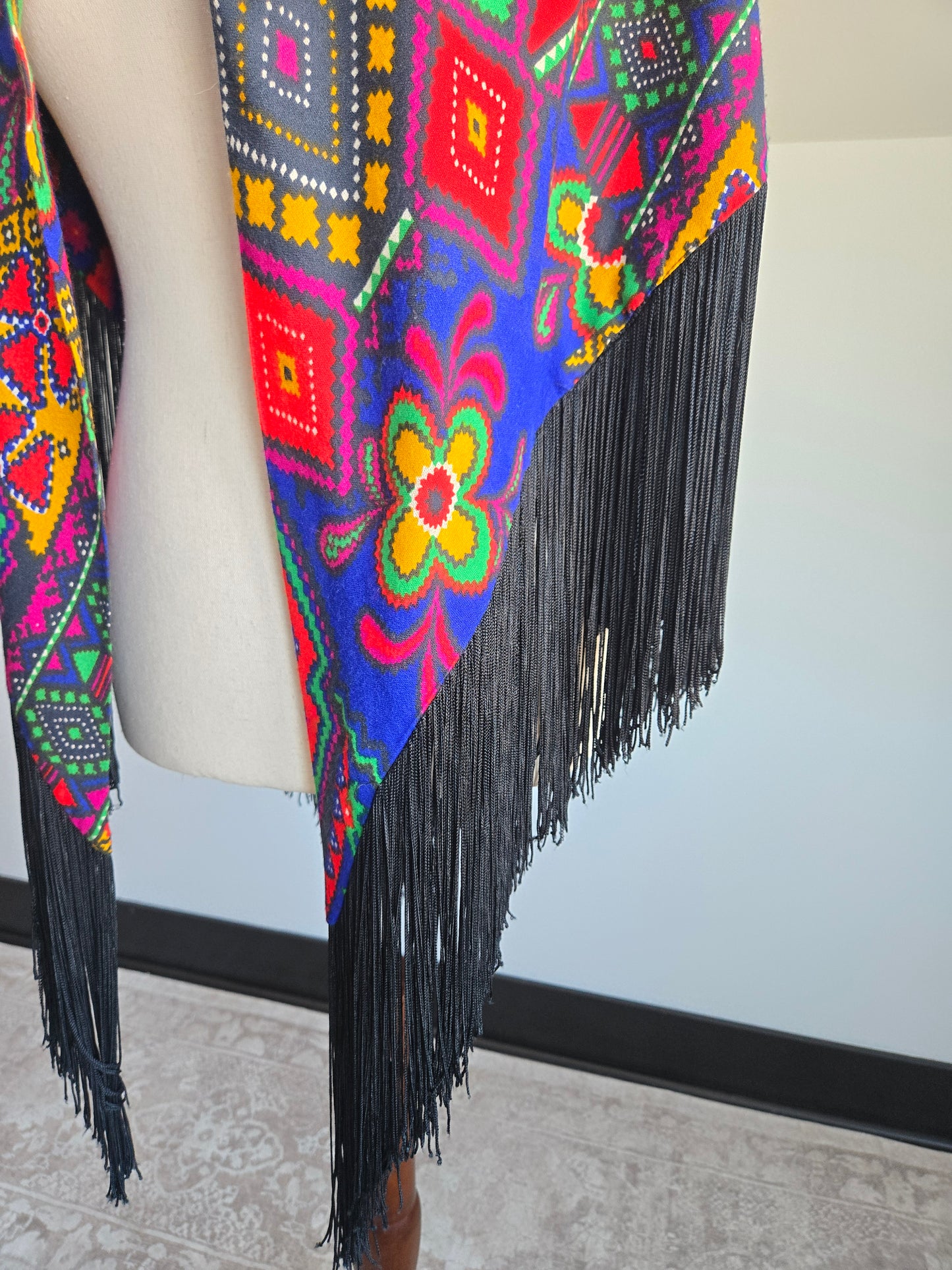 Vintage Barkcloth Dayglo Shawl with Fringe - OS