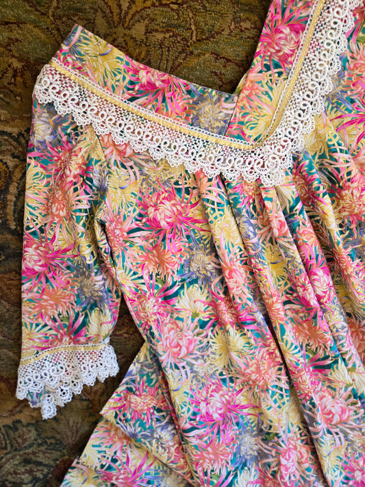 Vintage 1970s Handmade Cotton and Lace Maxi Housedress - large