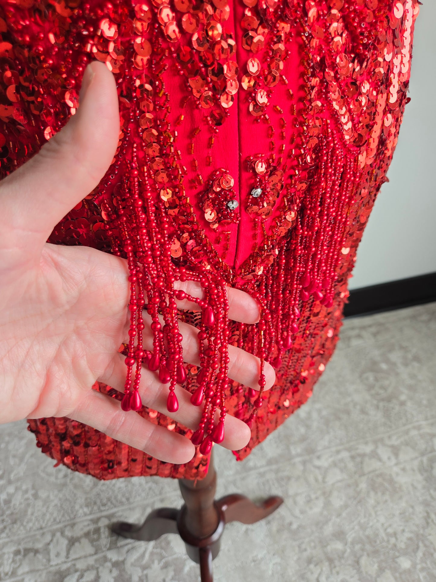 Miss Kansas Estate Vintage Red Beaded and Sequined Hand Made Dress - XS/S