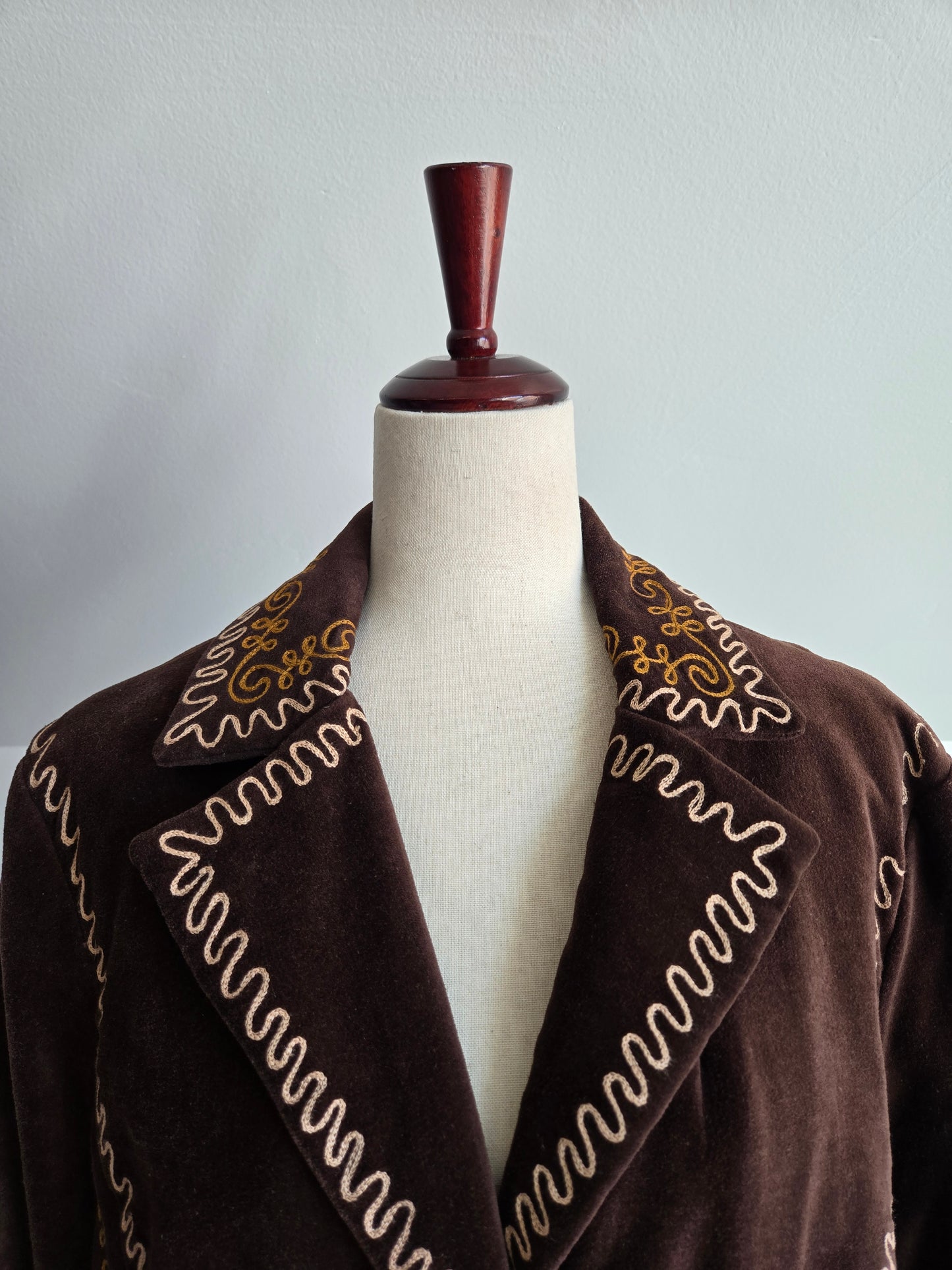 Doubled D Ranch Brown Velvet Blazer with Colorful Stitching Detail - XL