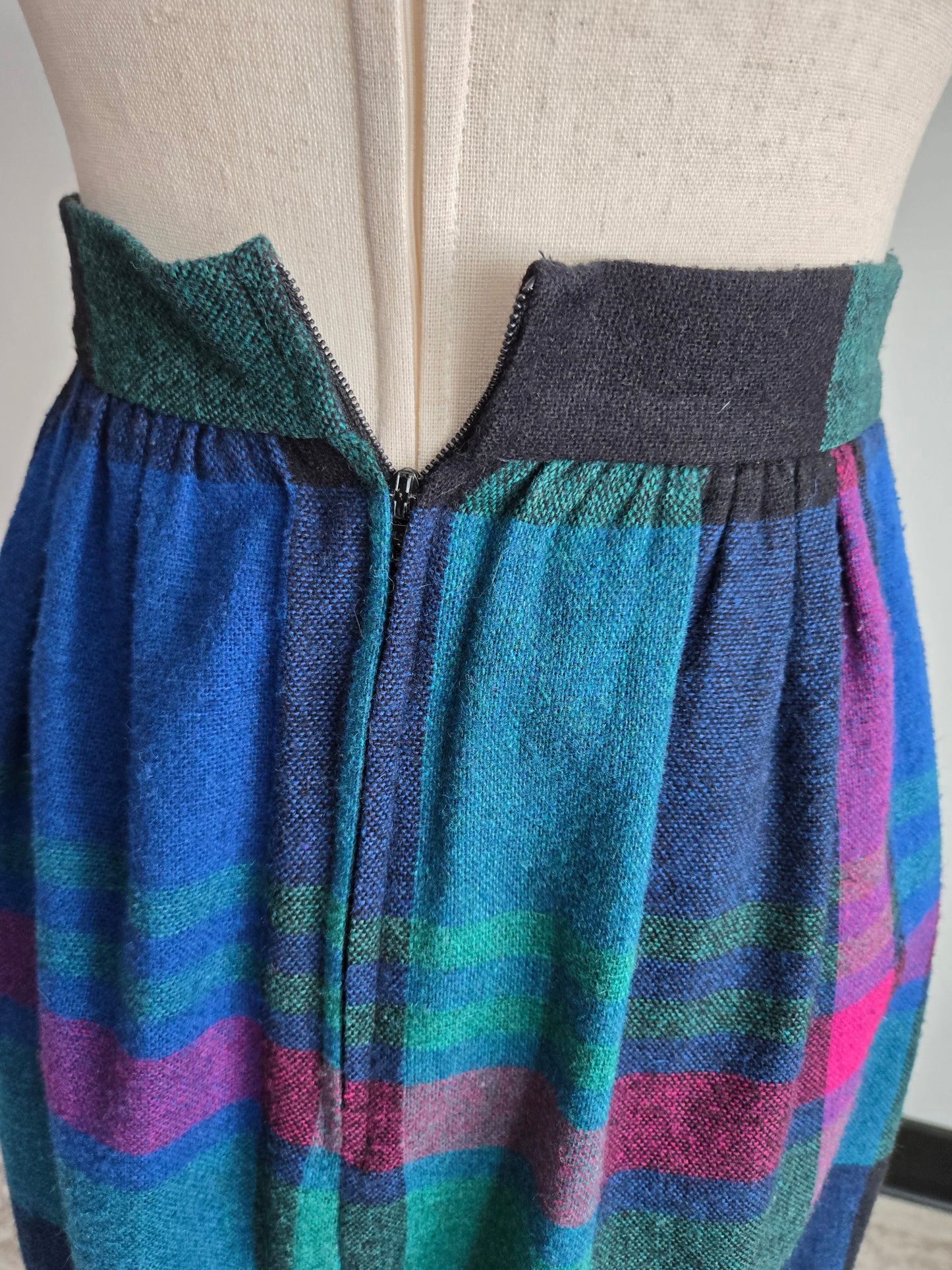 Pliers Vintage 70s Wool Colorful Plaid A-Line Skirt - W24"