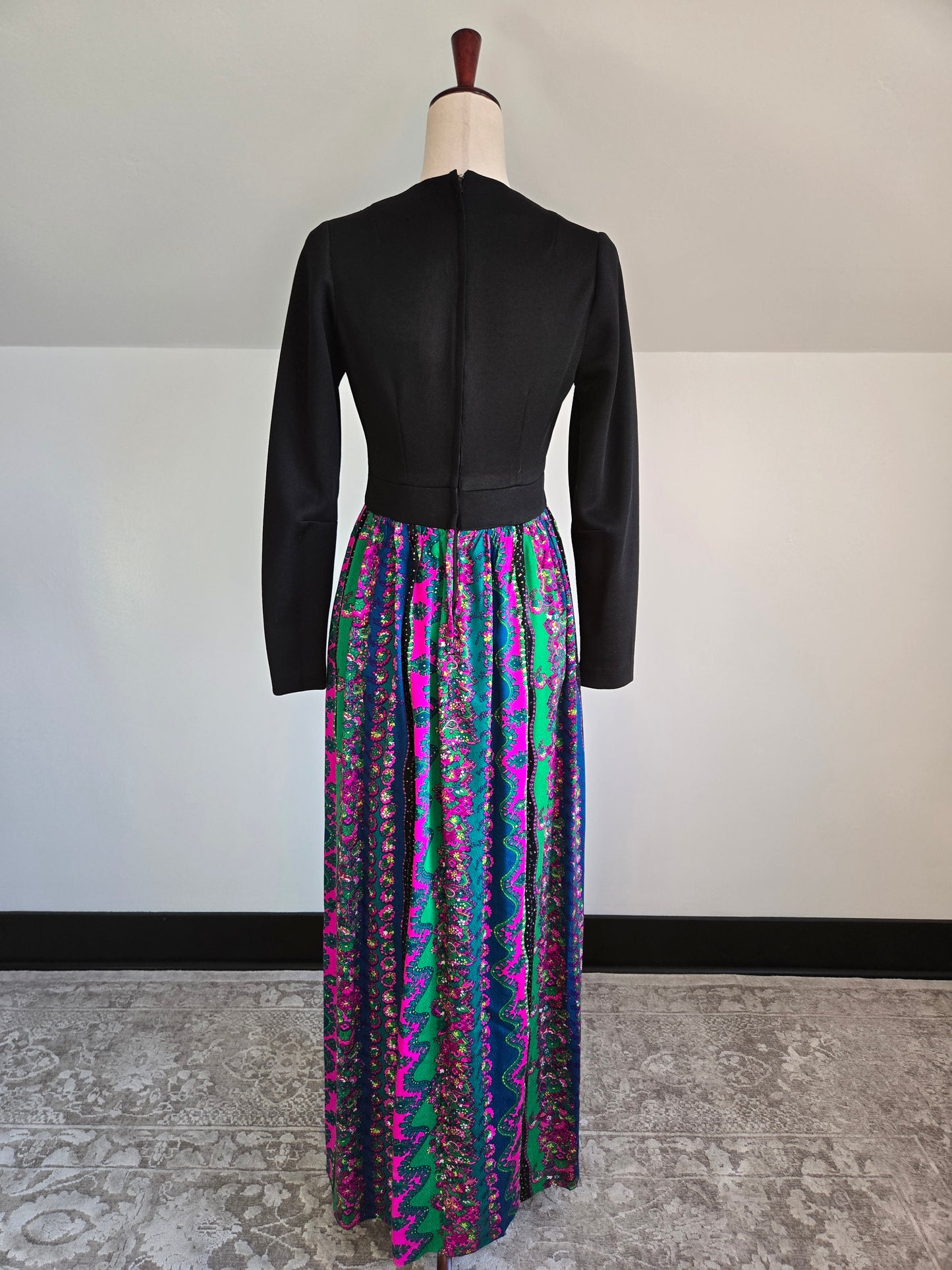 Vintage 70s Black Maxi Dress with Barkcloth Skirt - small