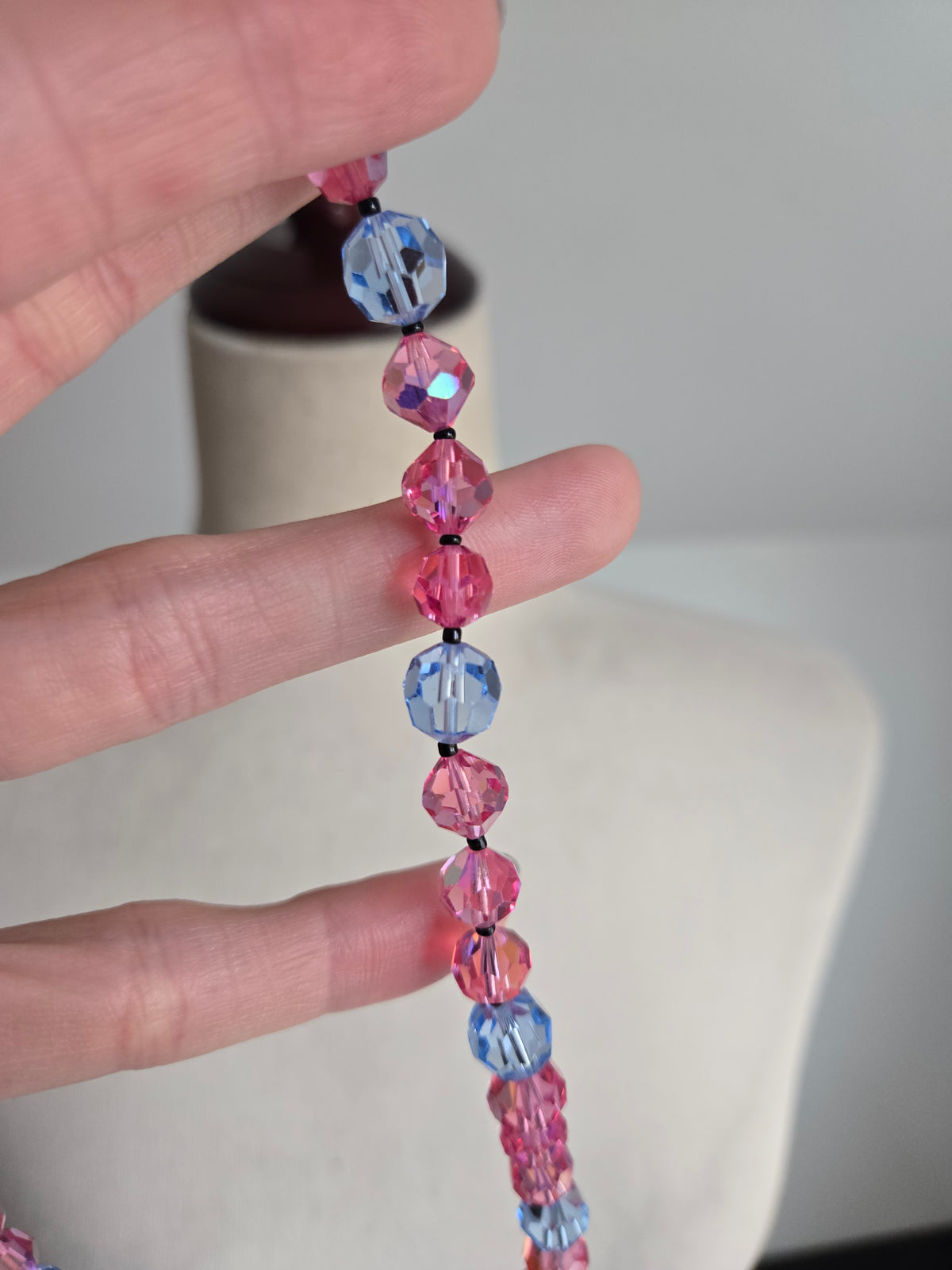 Vintage Pink and Blue Glass AB Bead Necklace