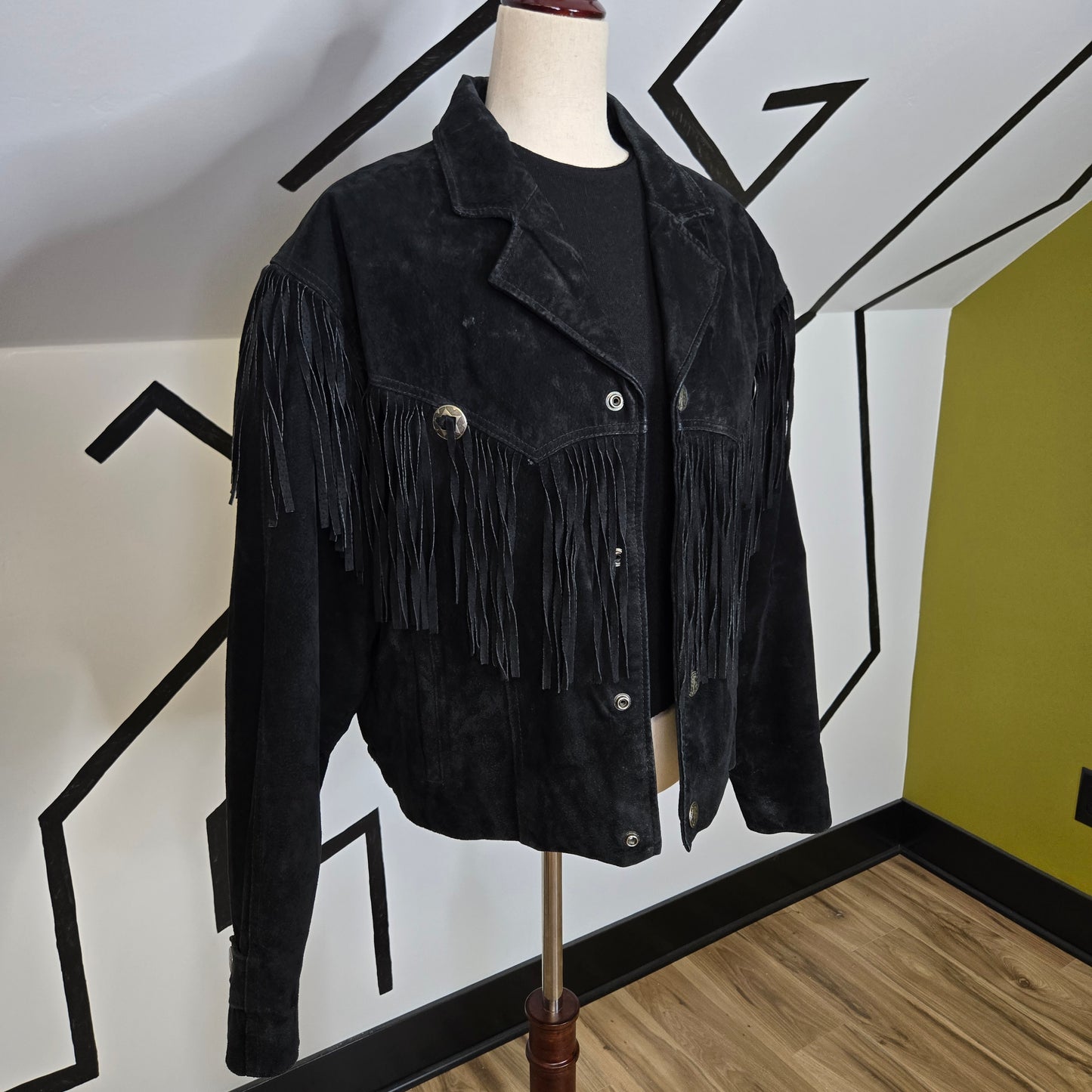 Byrnes & Baker Vintage Black Suede Leather Fringe Jacket - medium