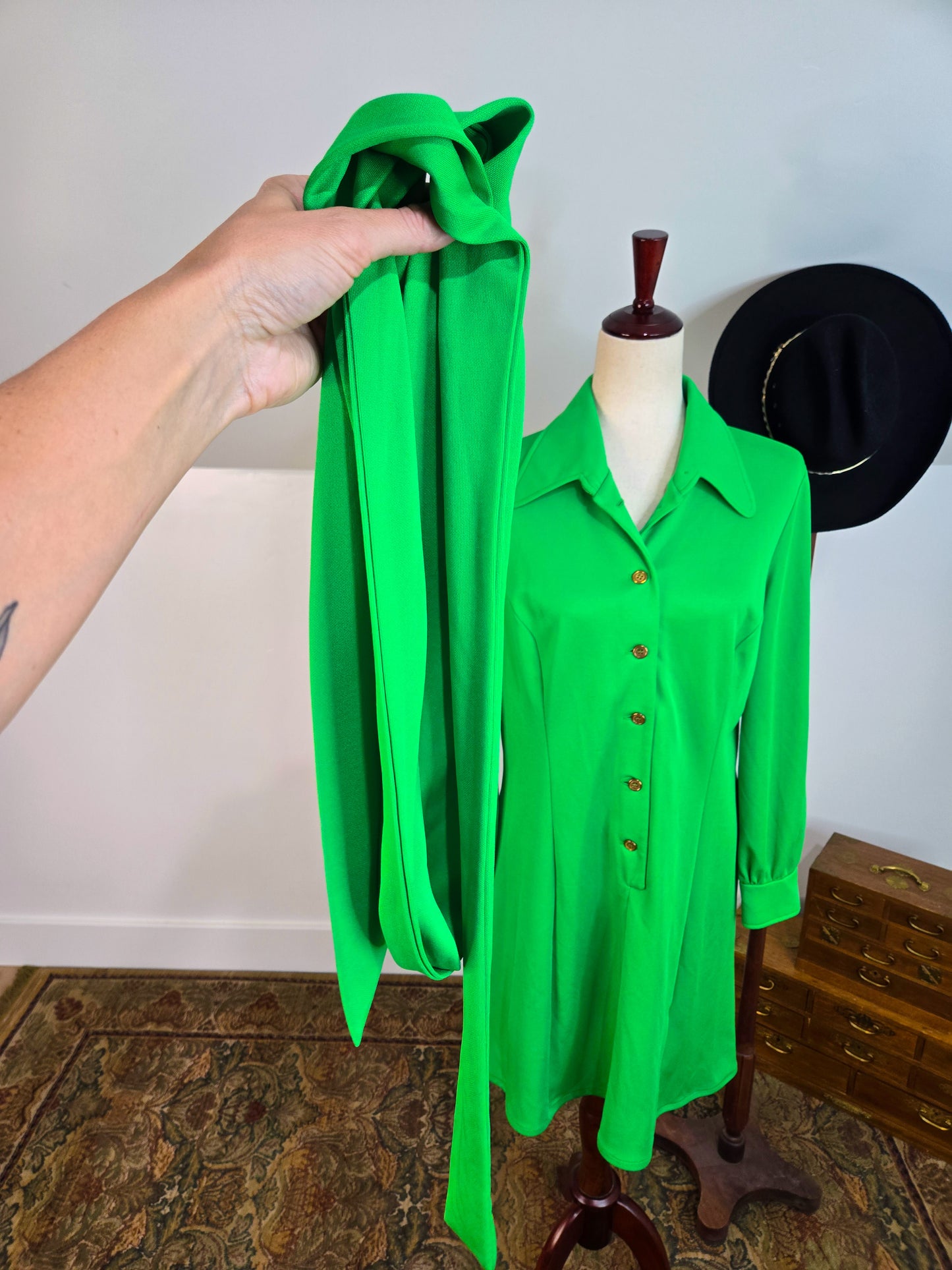 Vintage 70s Lime Green Button Down Mini Dress - L/XL