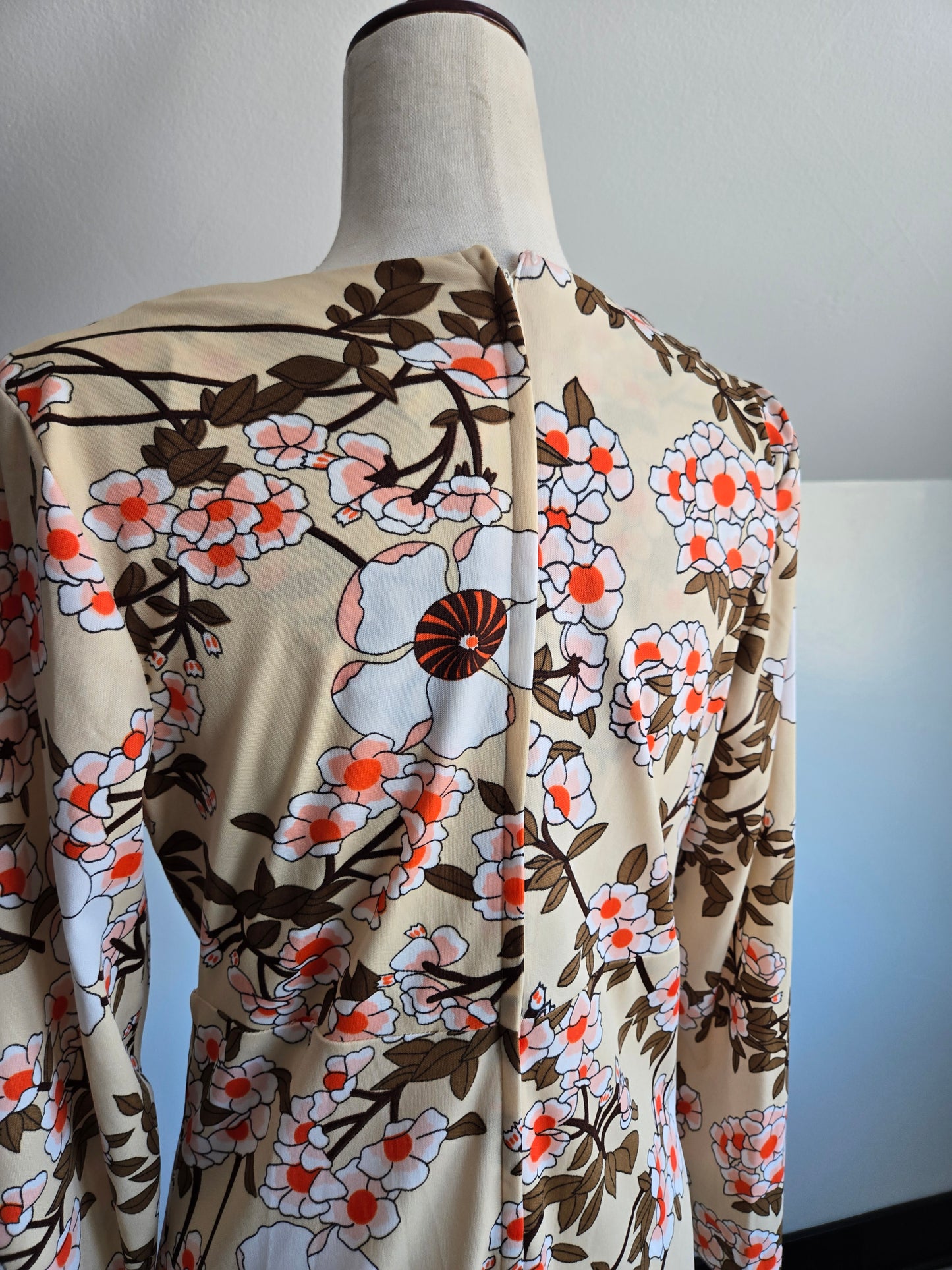 Vintage 70s Tan Floral Print Maxi Dress - medium