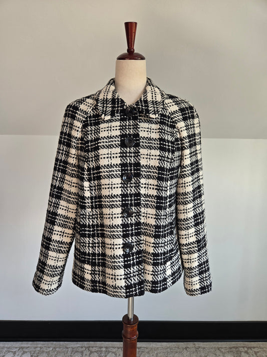 Charter Club Black and White Plaid Raglan Blazer - S/M