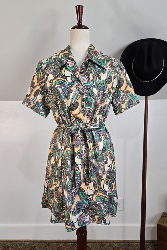 Vintage 70s Paisley Print Mini Dress - large