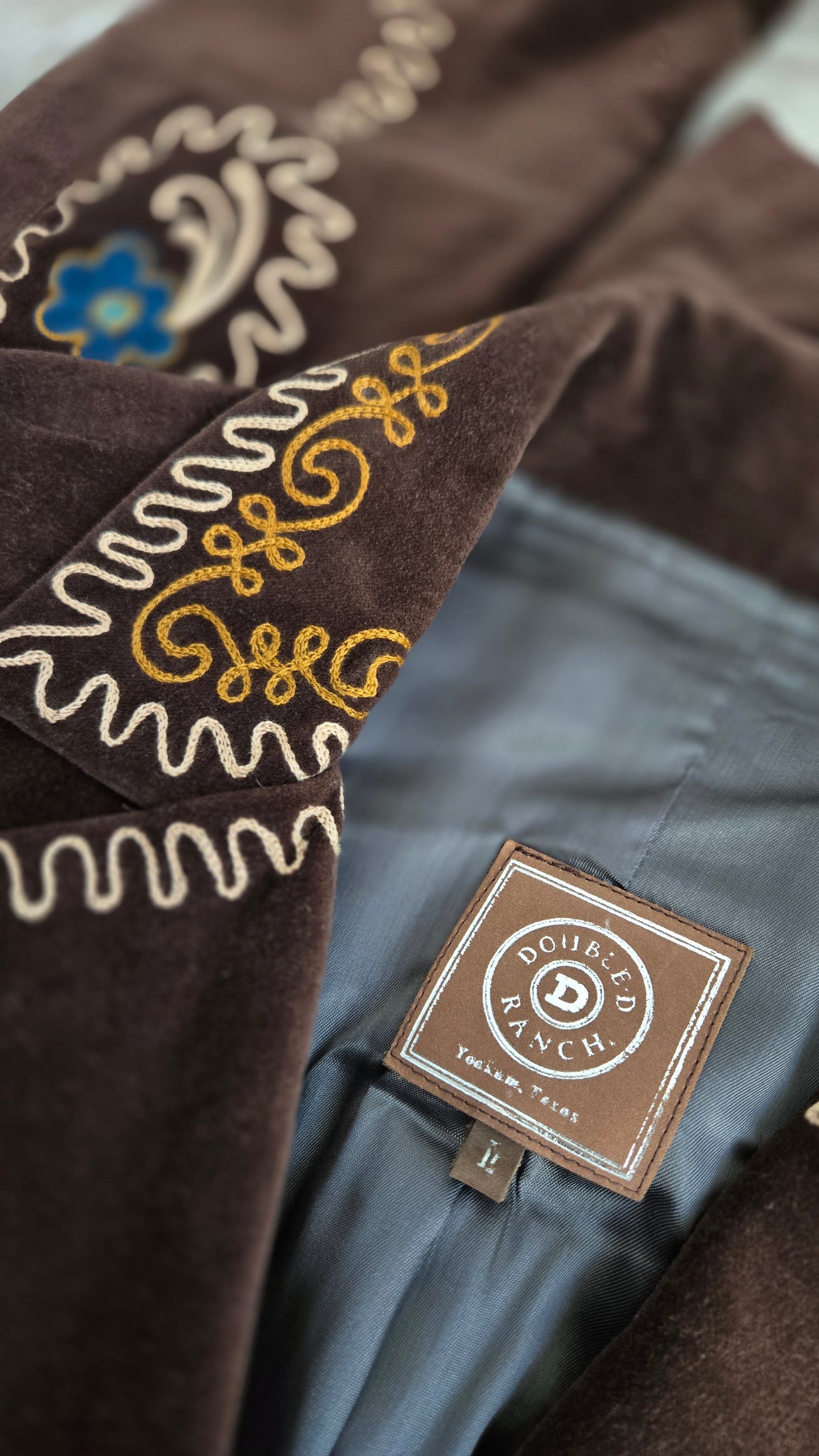 Doubled D Ranch Brown Velvet Blazer with Colorful Stitching Detail - XL