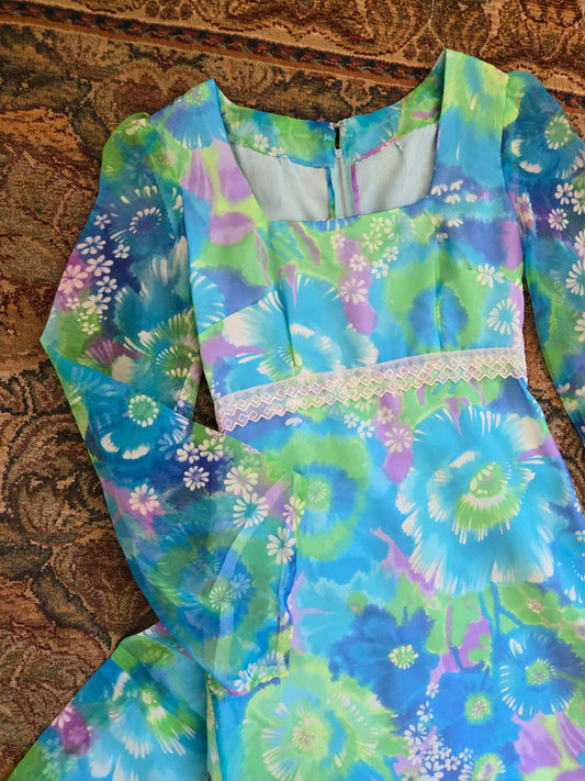 Vintage 70s Blue and Purple Psychedelic Floral Print Maxi Dress -
