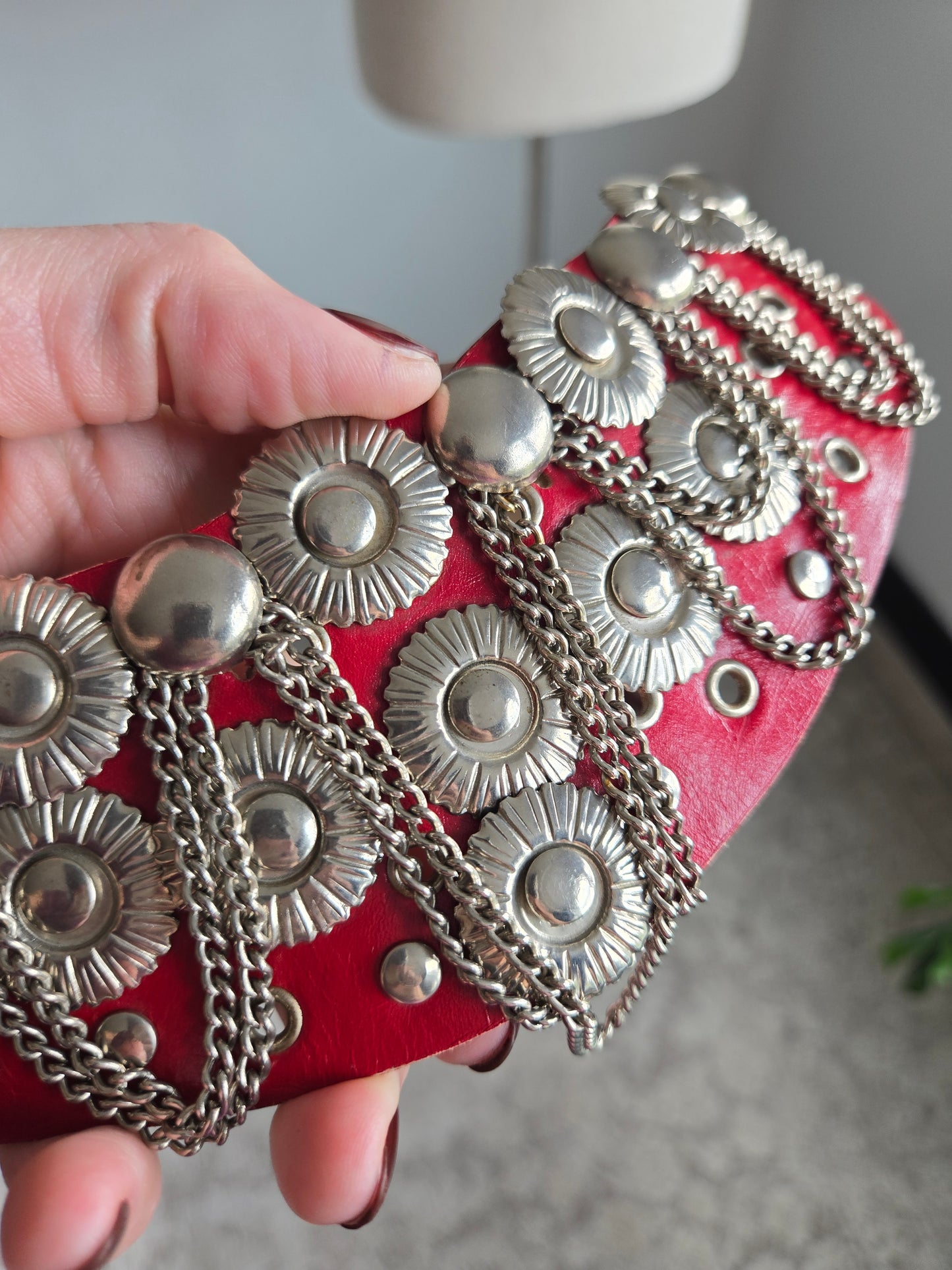 Vintage Red Leather Belt with Silver Coins and Chains - W26-36"
