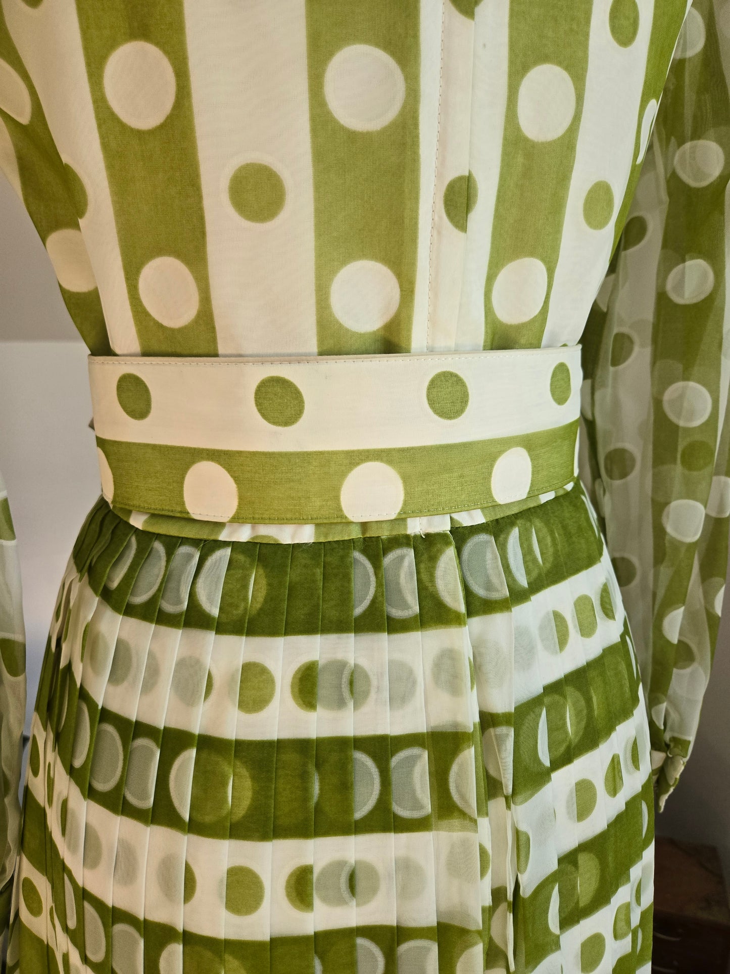 Coco California Vintage 1970s Green and White Polka Dot Stripe Dress -