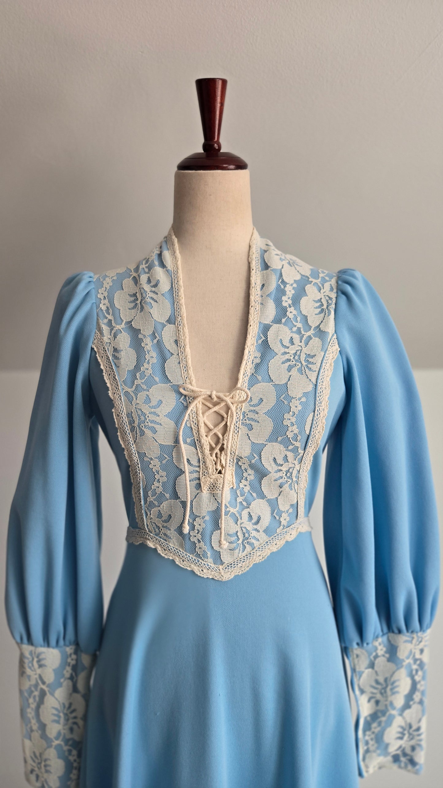 Vintage 1970s Sky Blue Prairie Dress with Floral Lace Details and Corset Top - Small