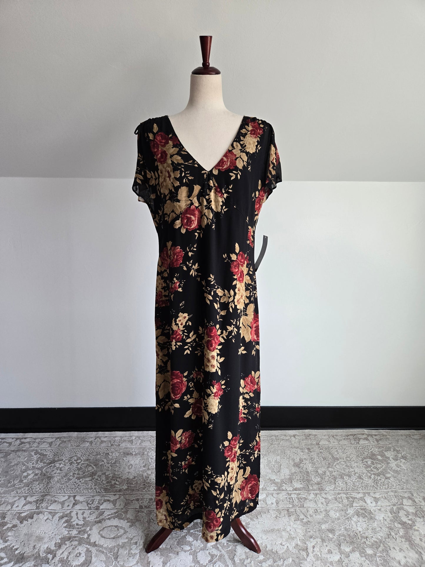 Carol Anderson 90s Deadstock Black Floral Dress - large