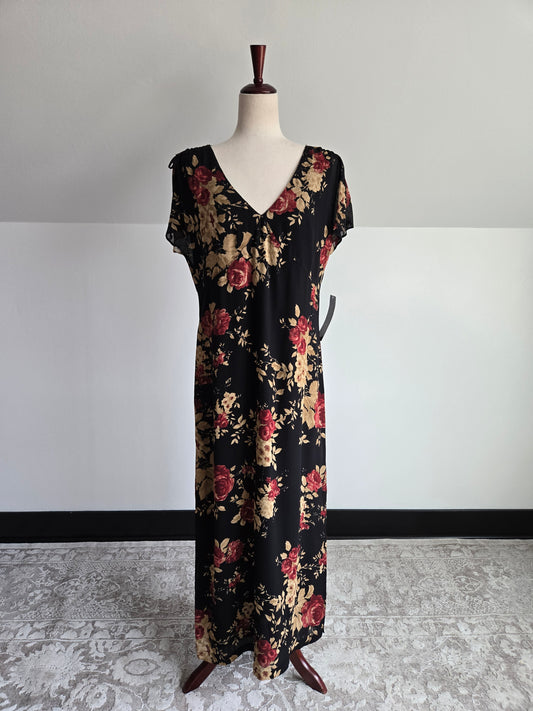 Carol Anderson 90s Deadstock Black Floral Dress - large
