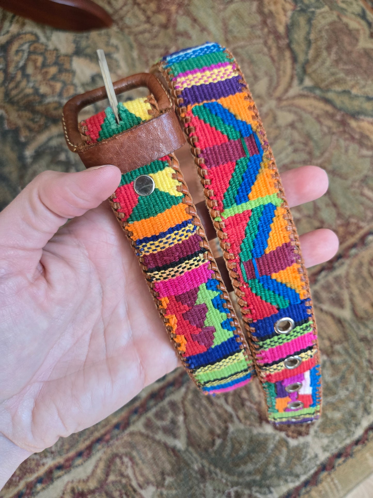 Vintage Leather and Colorful Woven Belt - W32-36"