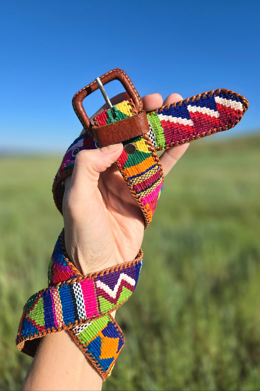 Vintage Leather and Colorful Woven Belt - W32-36"