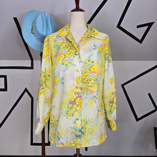 Pykettes Vintage 1970s Neon Yellow Floral Top - medium/large