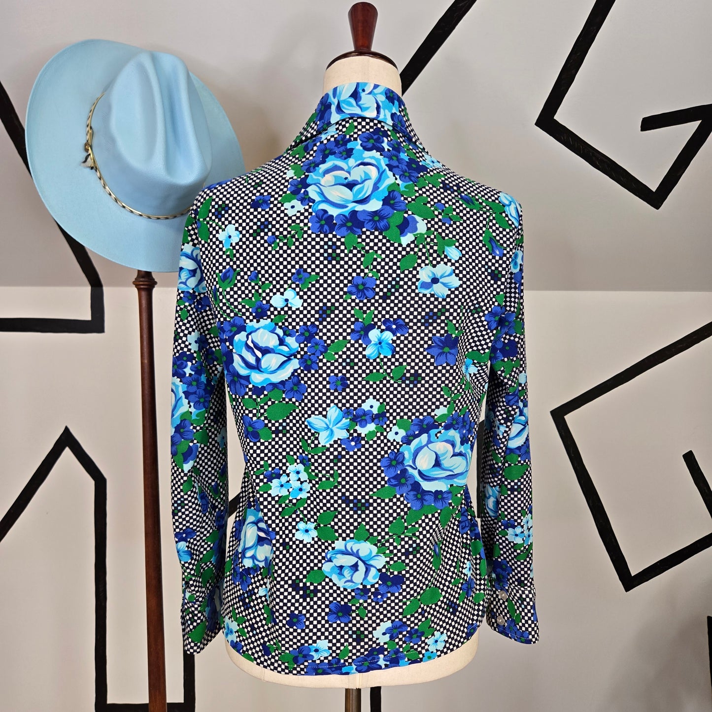 Vintage 1960s Checkers and Florals Dayglo Top made in Korea - medium