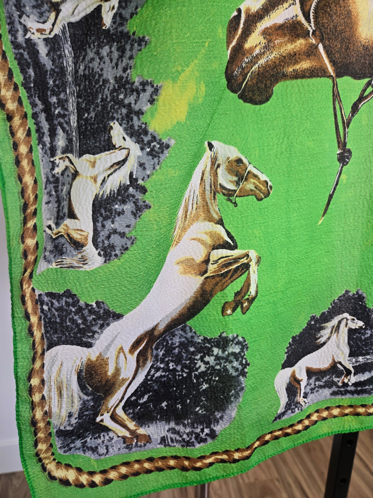 Vintage Lime Green Nylon Horse Scarf Made in Japan