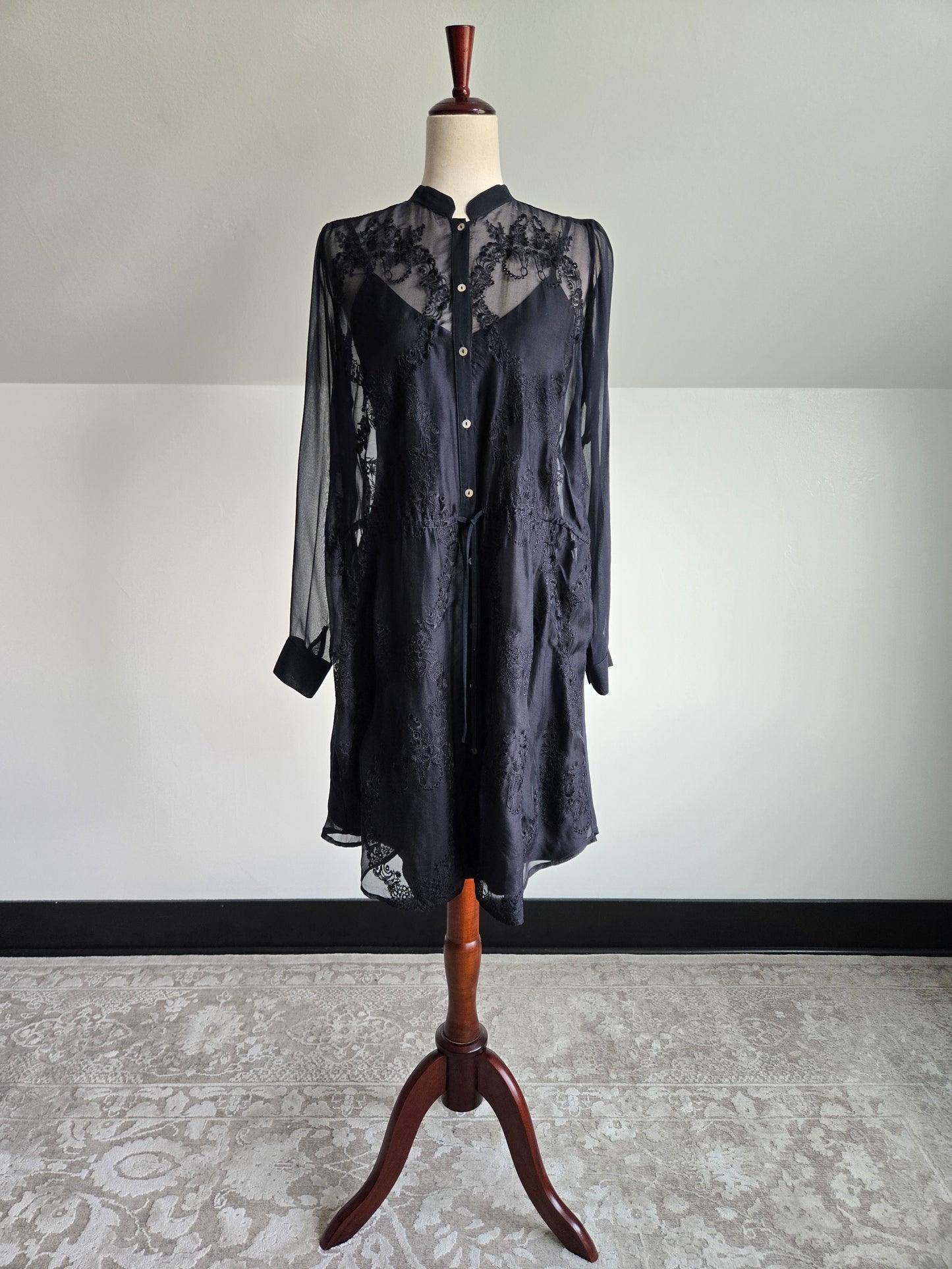 Bailey 44 Silk Black Sheer Embroidered Dress - S/M