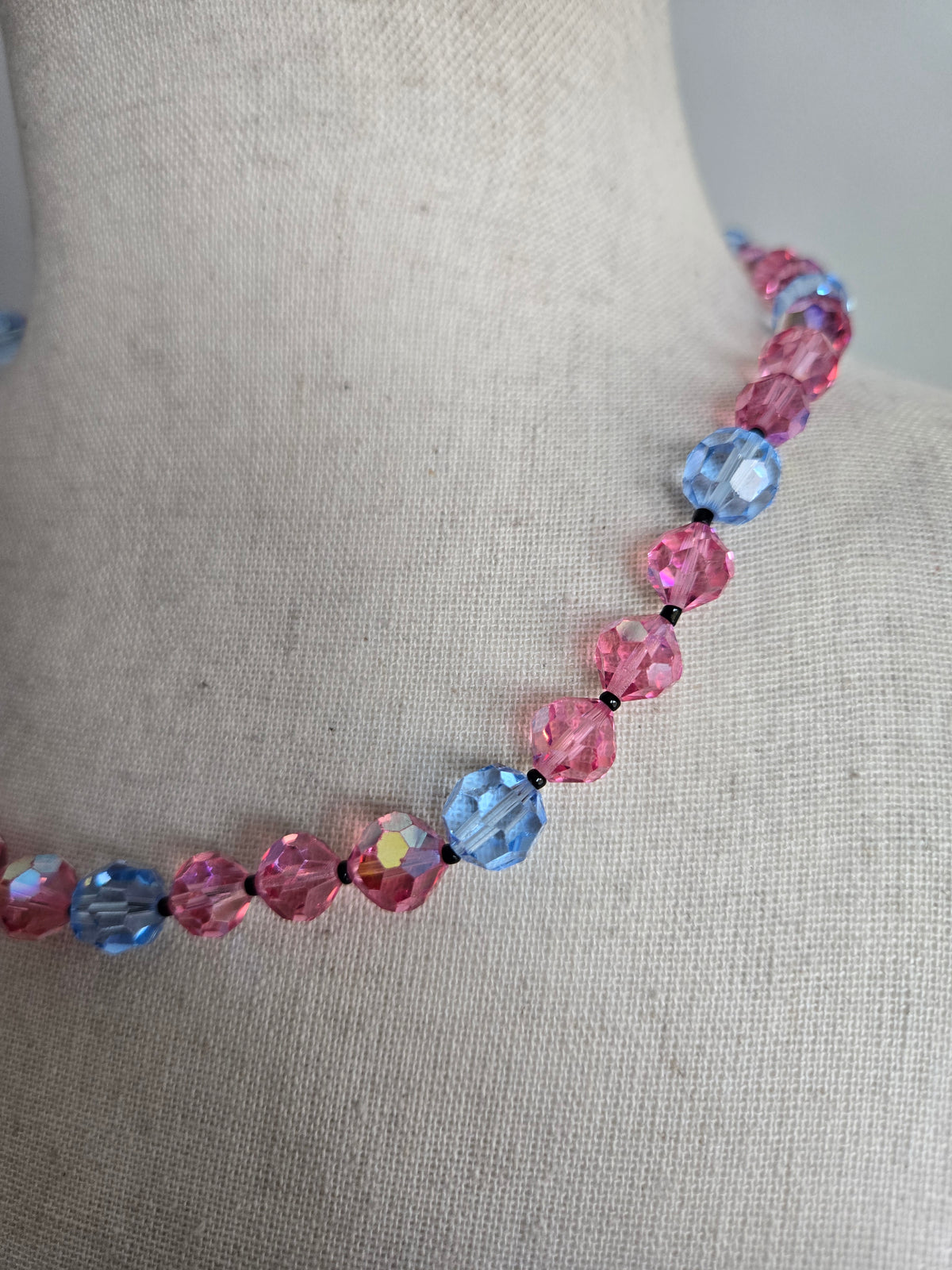 Vintage Pink and Blue Glass AB Bead Necklace