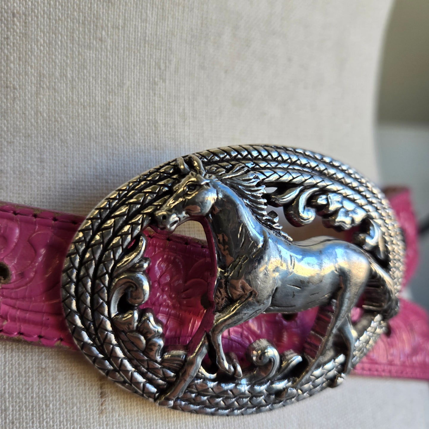 Vintage Justin Top Grain Pink Tooled Leather Belt with Horse Buckle