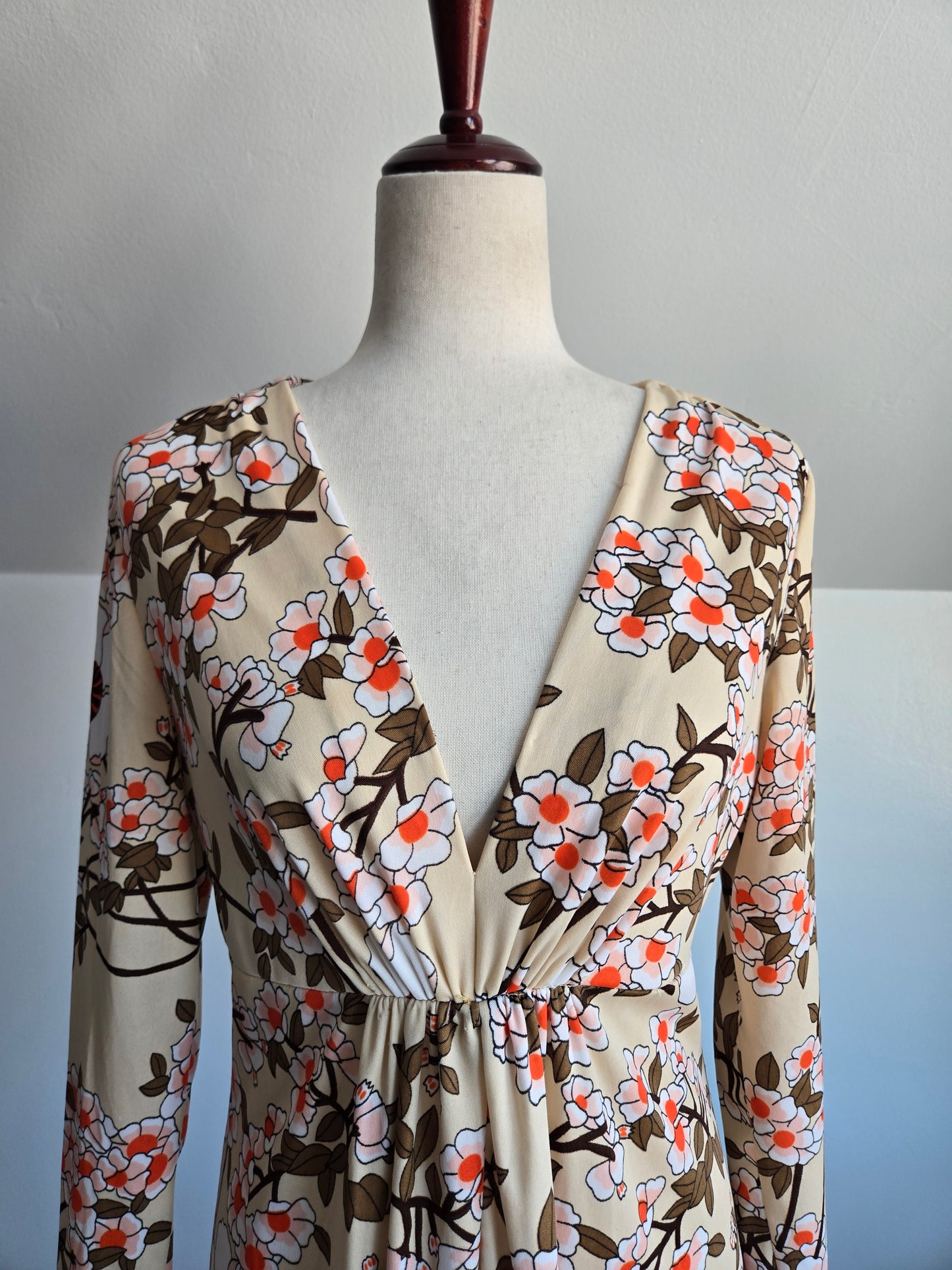 Vintage 70s Tan Floral Print Maxi Dress - medium