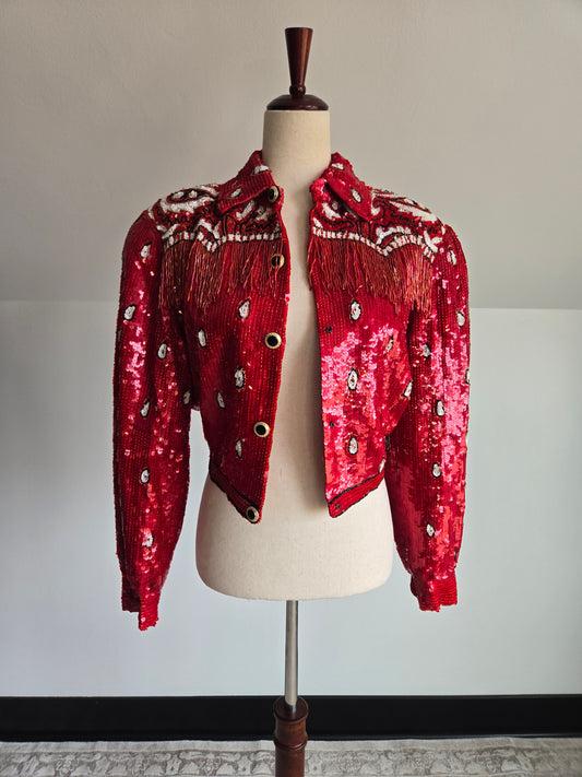 Lillie Rubin Vintage Sequin Western Crop Silk Jacket with Beaded Fringe - small