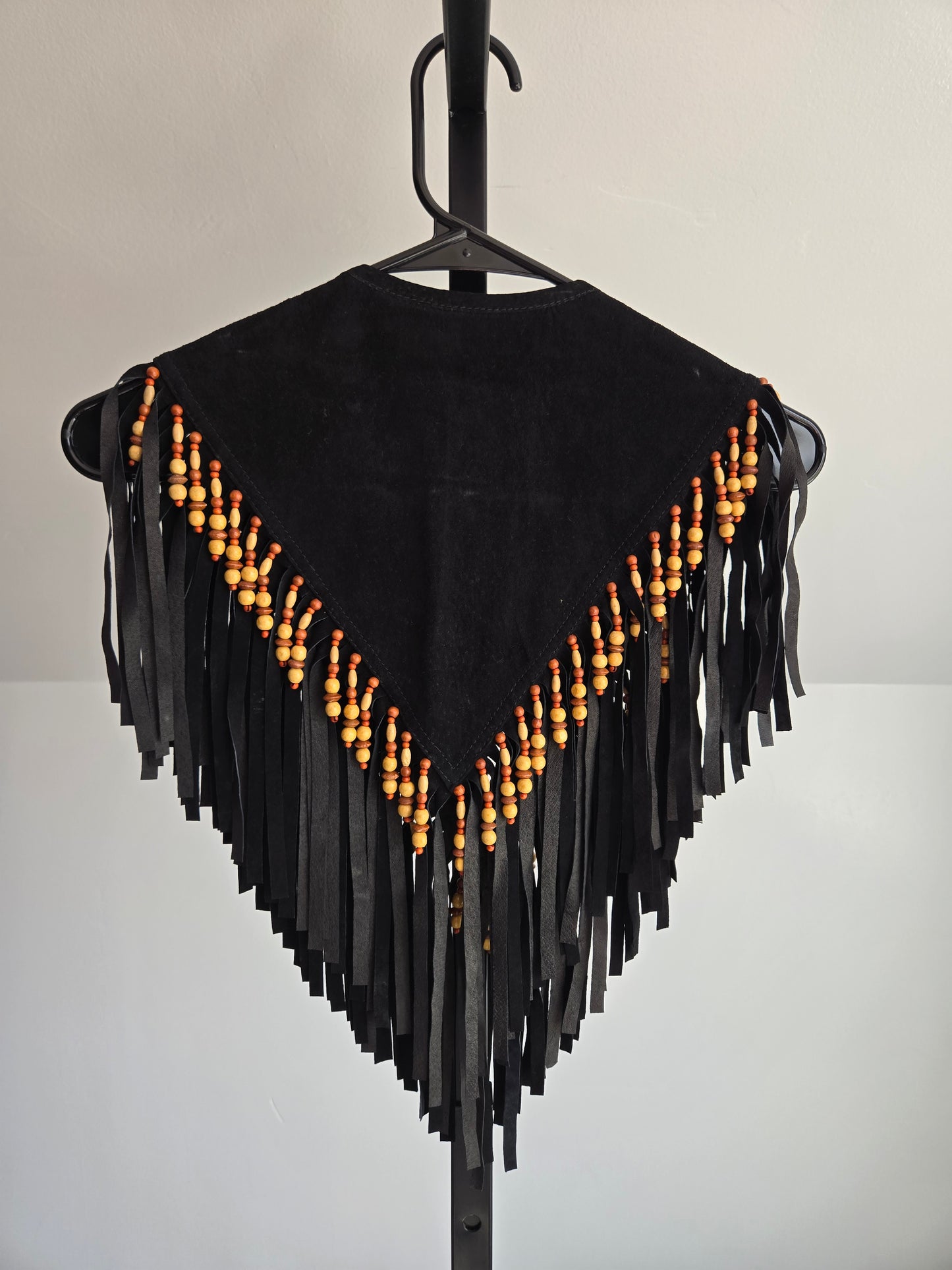 Vintage Braefair Leather Fringe and Wood Bead Shoulder Shawl - OS