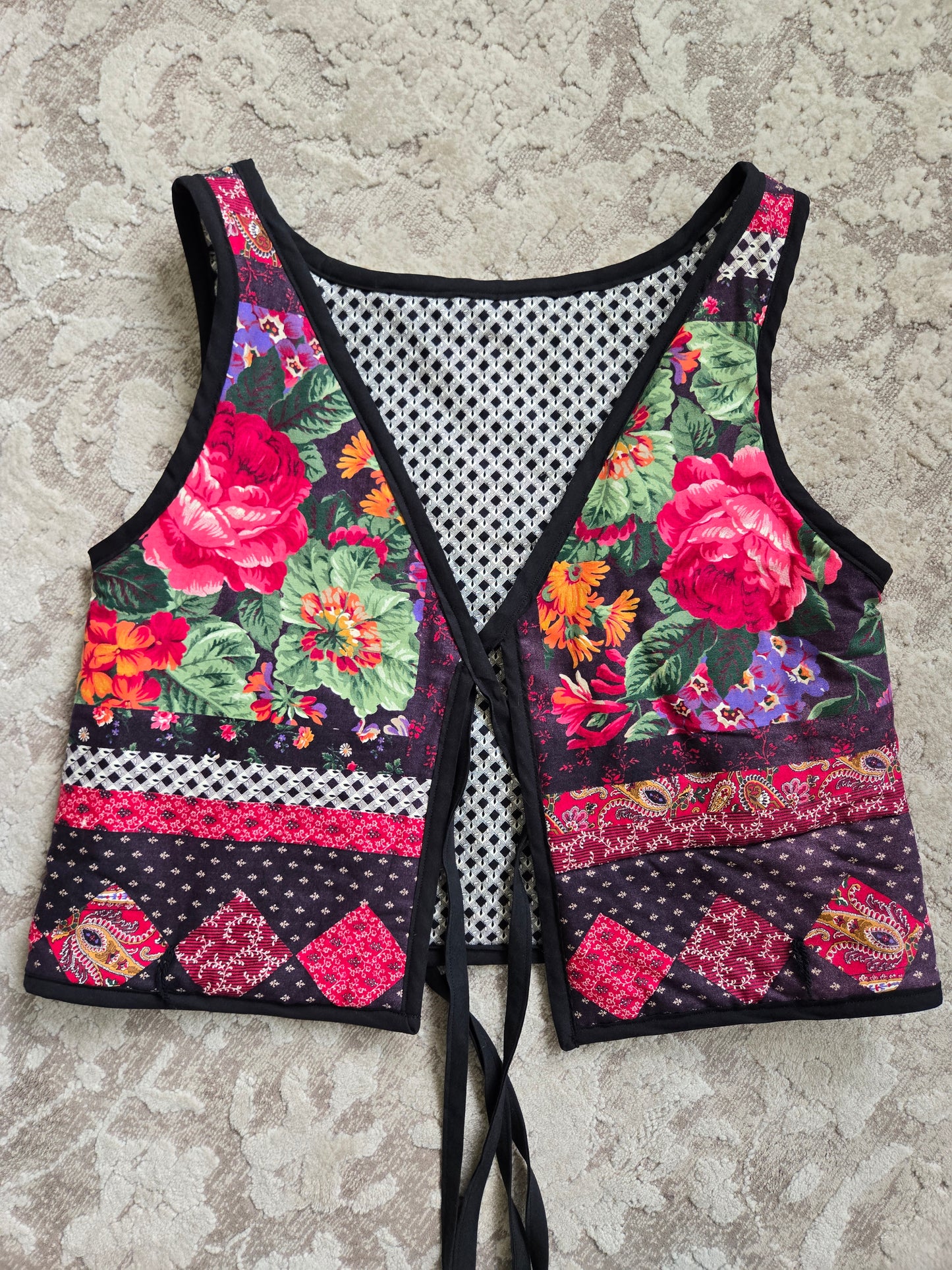 Hand Made Quilted Floral Tie Front Vest - M-XL