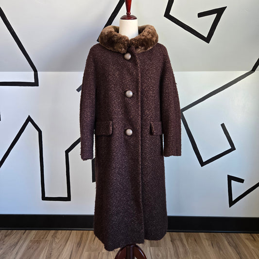 Vintage 1950s Union Made Curly Wool Peacoat with Brown Fur Collar - Large