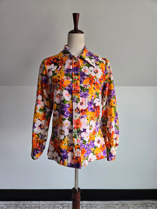 Val Lanne Vintage 70s Dayglo Cotton Floral Top - Small