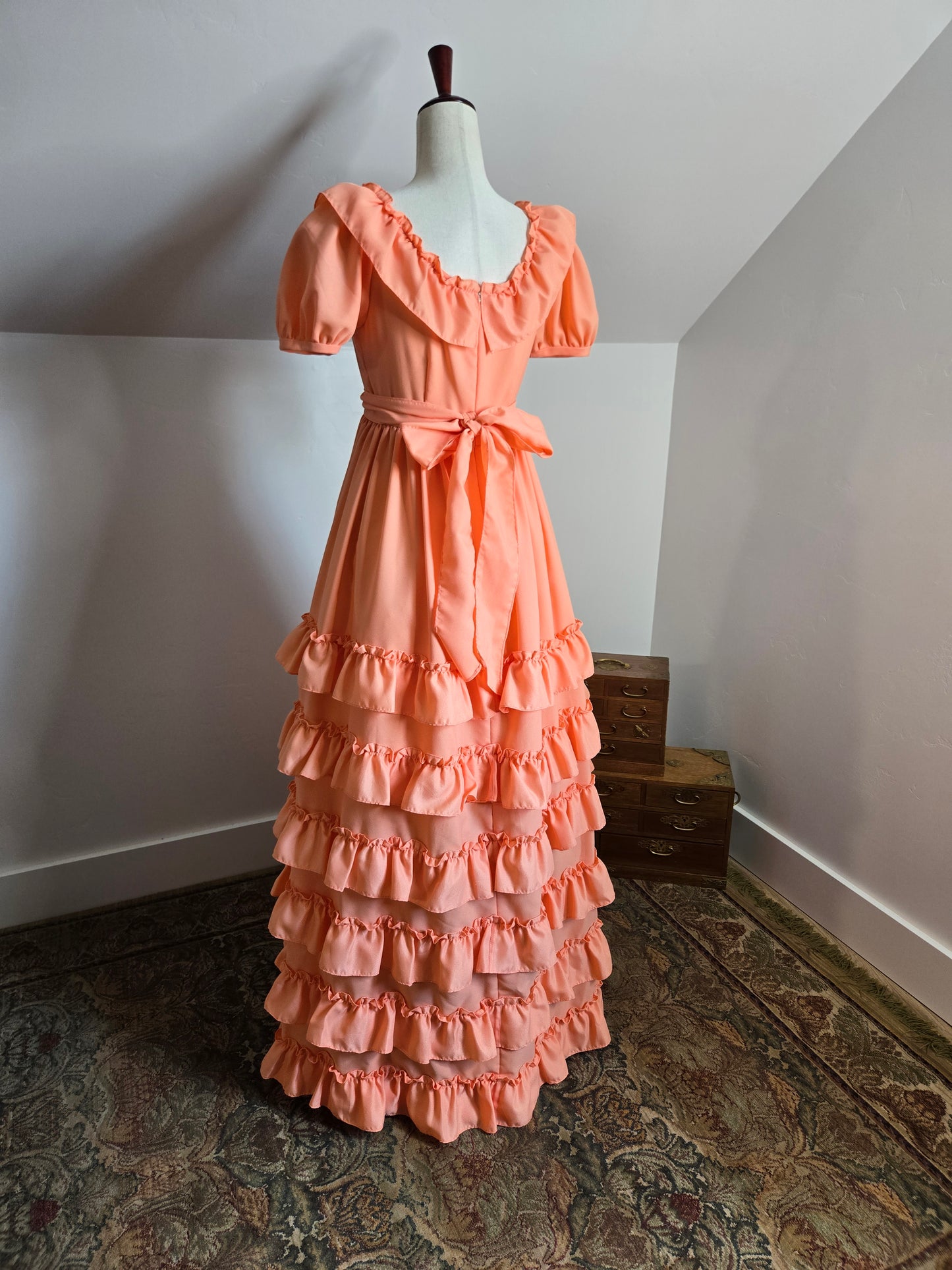 Vintage Peach Prairie Ruffled Dress - S/M