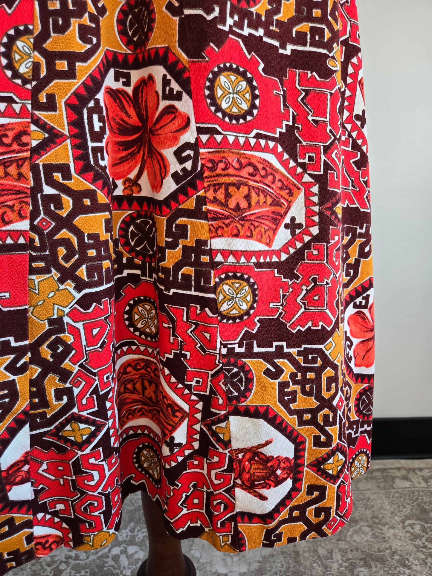 Vintage Barkcloth Red Hawaiian Print Dress - XL