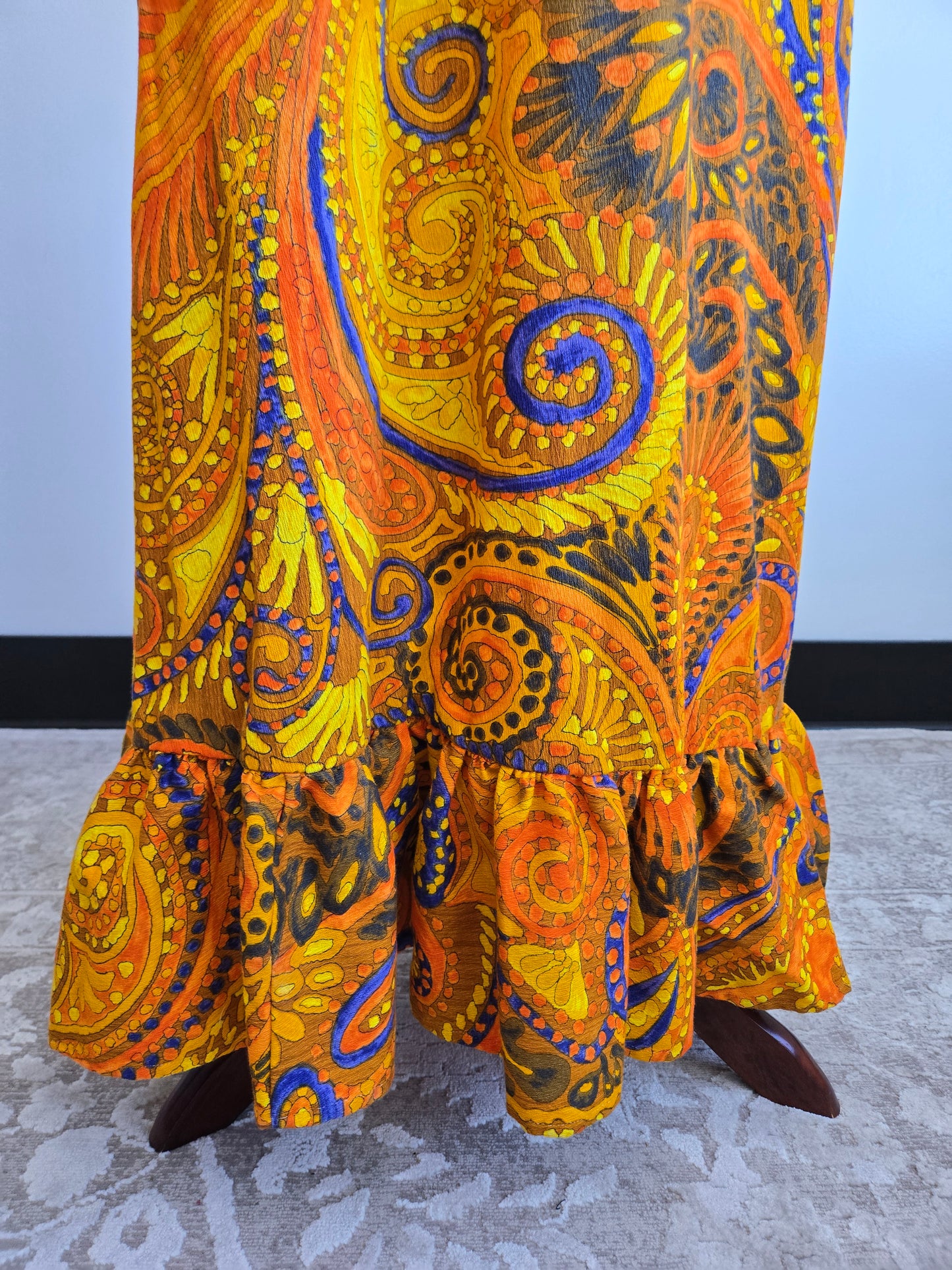 Vintage Barkcloth Orange Psychedelic Dayglo Print Maxi Dress - XS/S