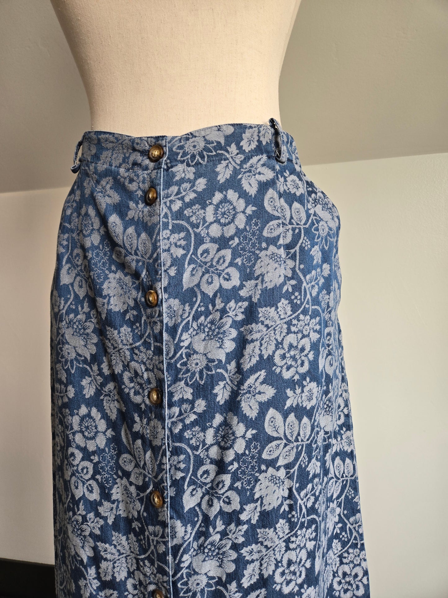 Vintage Orvis Denim Floral Jacquard Skirt - W34-37"