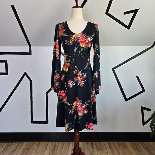 Handmade 1960s Floral Bell Sleeve Dress - XS/Small