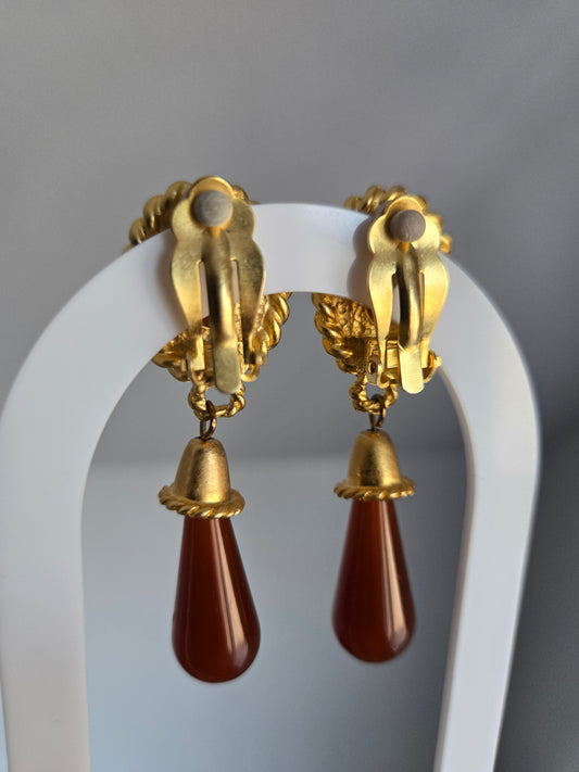 Leslie Block Vintage Gold Tone and Rust Red Clip Ons
