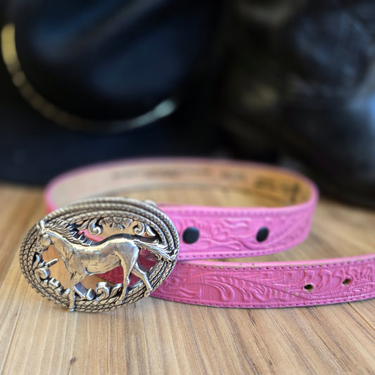 Vintage Justin Top Grain Pink Tooled Leather Belt with Horse Buckle