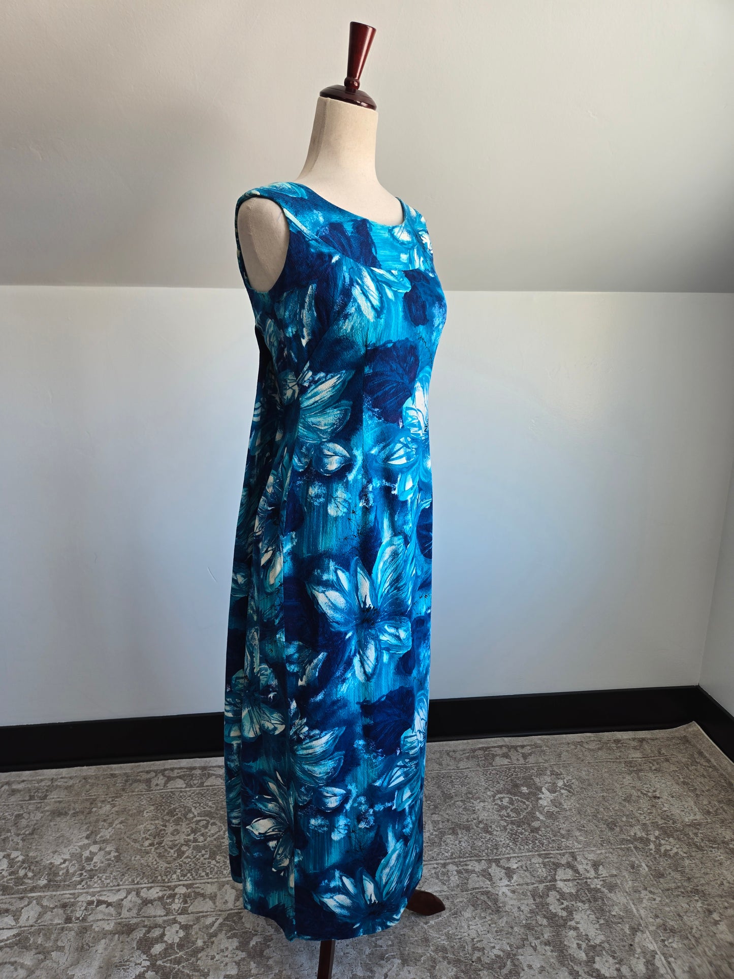 Royal Hawaiian Barkcloth Blue Floral Made in Hawaii Dress - Small