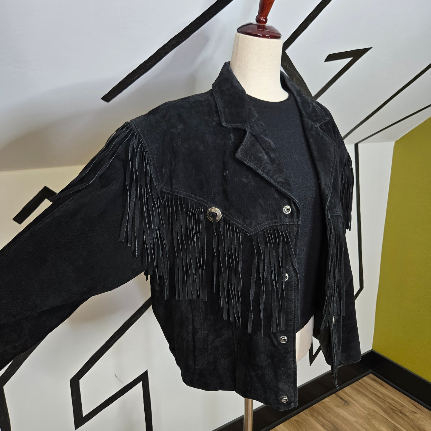 Byrnes & Baker Vintage Black Suede Leather Fringe Jacket - medium